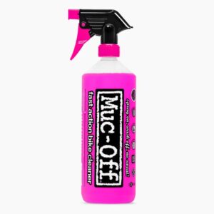 a bottle of Muc-Off Nano Tech Bike Cleaner 1L with it's pink contents and pink spray nozzle are shown