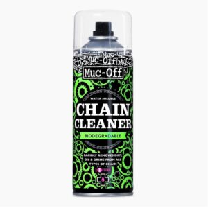 an aerosol can of Muc-Off Bio Chain Cleaner is shown with lime green & black patterns on the can