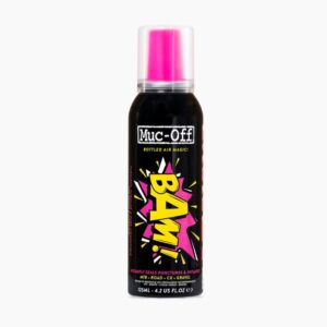 Muc-Off B.A.M! Instant Puncture Repair is shown in a little black aerosol with a pink spray cap