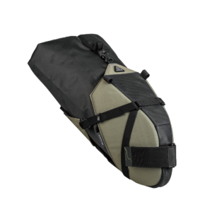 A Topeak BackLoader X modular bikepacking saddle bag is shown with a olive green mounting shell & black dry bag inside, with black strapping securing it