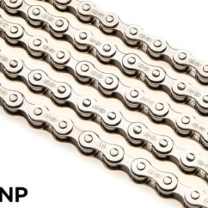 A line of 5 Izumi Chain 410NP bicycle chains in nickel plate are shown on a white curface