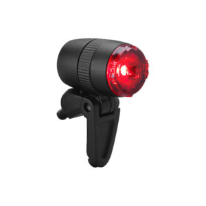 A B+M [my:] rear dynamo light is shown with a rounded red rocket shaped light housing & a small mounting arm
