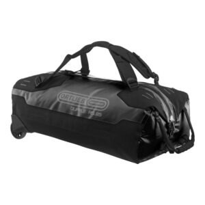 an Ortlieb Duffle RS travel bag is shown in a black waterproof material, laying on its side to show both the wheelbase and the backpack straps