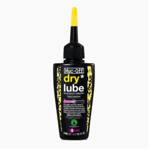 a small black bottle of Muc-Off Dry Lube is shown with a distinct yellow nozzle cover