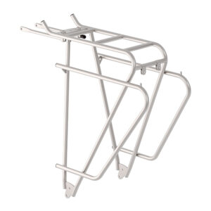 a Tubus Liviano bicycle carrier rack is shown in titanium with a dual rail system for carrying panniers