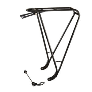 A Tubus Disco rear carrier rack is shown in black powdercoat finish with a quick release skewer in black beside it