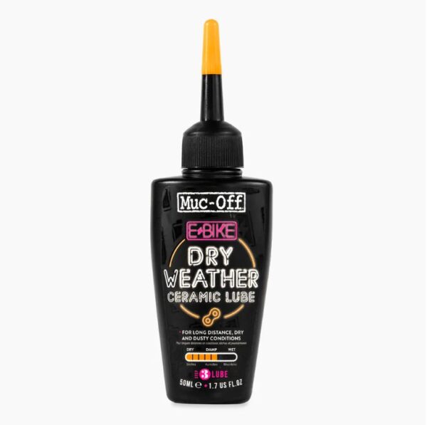 A small bottle of Muc-Off eBike Dry Lube is shown with a black bottle & orange nozzle cap