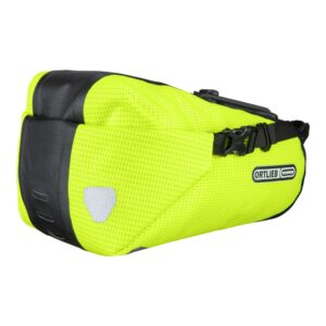 An Ortlieb Saddle-Bag Two High Visibility waterproof seat-pack in a luminous yarn mix fabric is shown with reflective panels & a ratchet strap on the side.