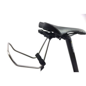 A Carradice Bagman QR Saddlebag Support is shown with its chrome look rail system attached to the saddle rails of a bicycle seat