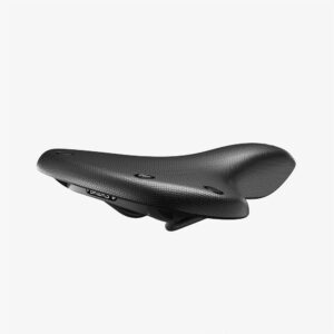 A Brooks Cambium C67 saddle is shown with a black rubber top, black saddle rails & the shape of the saddle itself curving upwards at the front