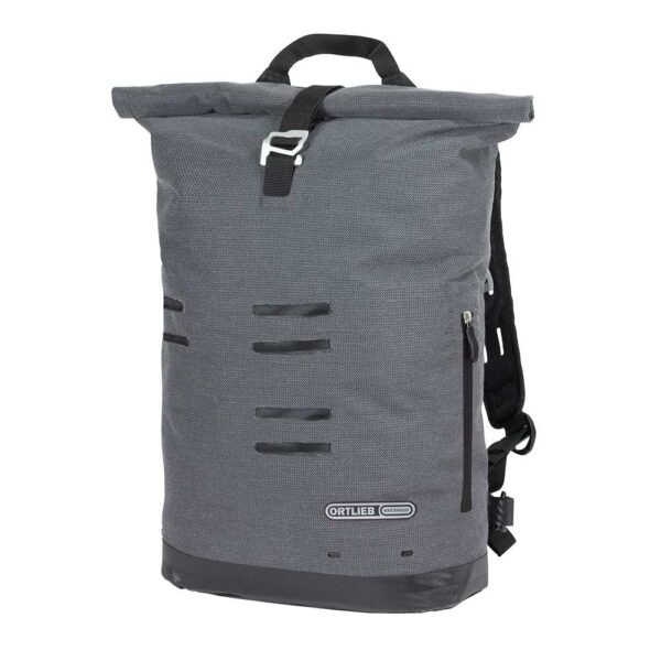 an Ortlieb Commuter Daypack Urban backpack is shown in Pepper grey waterproof material with black shoulder straps & fixings.