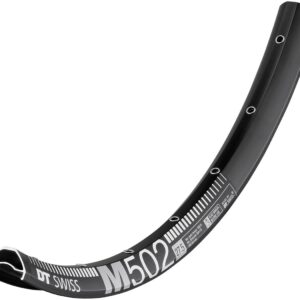 A DT Swiss M502 Rim 27.5" 32h 30mm Internal is shown in black alloy with white & grey branding on it