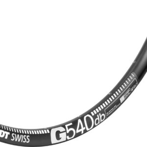 A DT Swiss G540db Rim 29" 32h 24mm Internal is shown in black powdercoat finish with a cross-section of the alloy visible at the end
