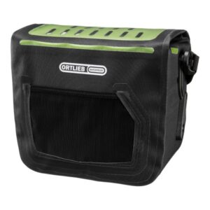 An Ortlieb E-Glow handlebar bag designed for e bikes in a black waterproof material & with a lime green lid