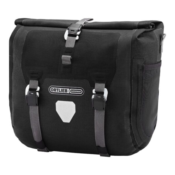 an Ortlieb Handlebar-Pack Plus in a black Cordura fabric is shown with a roll-down closure & two small buckles visible on the front