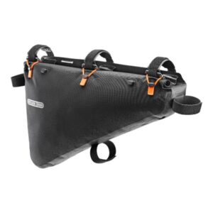 An Ortlieb Frame-Pack RC is shown in a black waterproof material with orange silicone rubber to secure the roll-down closure