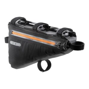 An Ortlieb Frame-Pack bikepacking frame bag is shown in black waterproof material with an orange waterproof zipper & black Velcro attachments on top & below