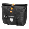 An Ortlieb Handlebar-Pack QR is shown in black waterproof material with silver hardware & an orange strap securing the roll-top closure