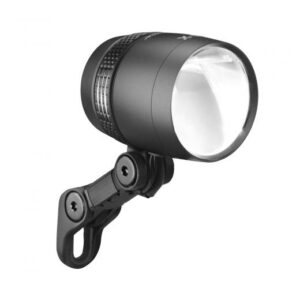 A B+M IQ-X front dynamo light for a bike is shown in a matt black plastic housing with a black mounting arm & a large round light head