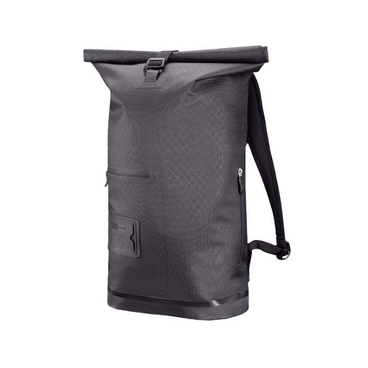 an Ortlieb Daypack Metrosphere is shown in a black waterproof material with a roll down closure & matching black hardware