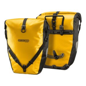 a pair of Ortlieb Back-Roller Classic rear panniers shown in a sun-yellow / black colourway with the rear mounting hardware shown