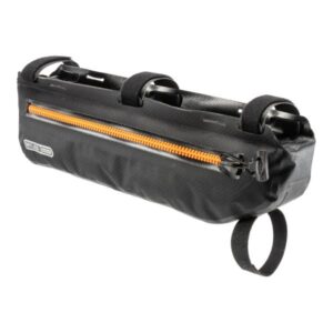 An Ortlieb Frame-Pack Toptube is shown in black, waterproof Cordura material with bright orange waterproof zippers and Velcro strapping for attaching to the bike frame