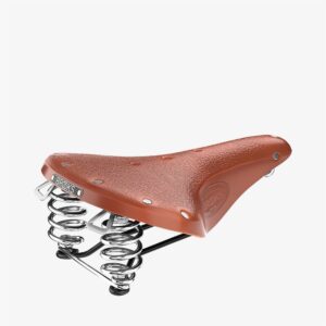 A Brooks B67 saddle is shown in honey leather with coiled silver spring suspension in the saddle rails
