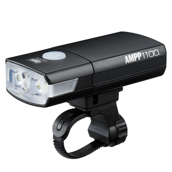 A Cateye Ampp 1100 - Front bike light is shown in a black polycarb housing with a top button & a handlebar clamp mount