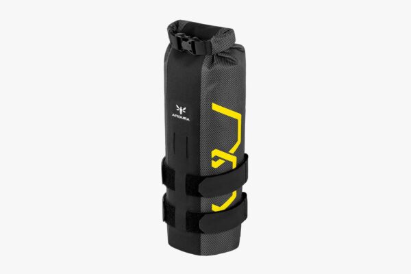 The Apidura Expedition DownTube Pack is shows with its black velcro straps visible as well as the rolltop closure