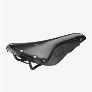 A Brooks B17 leather saddle is shown in black leather with silver rivets & black saddle rails