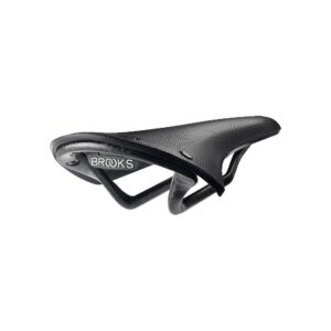 A Brooks Cambium C13 saddle is shown in black rubber with black ovalised carbon rails & a Brooks branding on the backplate