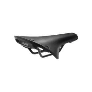 A Brooks Cambium C19 saddle is shown in black rubber with black saddle rails & backplate with Brooks branding