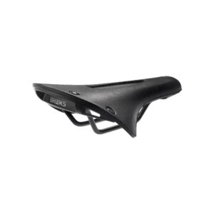 A Brooks Cambium C19 Carved saddle is shown in black rubber with a central cutout & black saddle rails & backplate