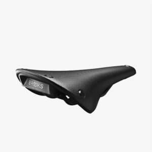 A Brooks Cambium C15 saddle is shown in black rubber with black saddle rails & backplate with Brooks branding