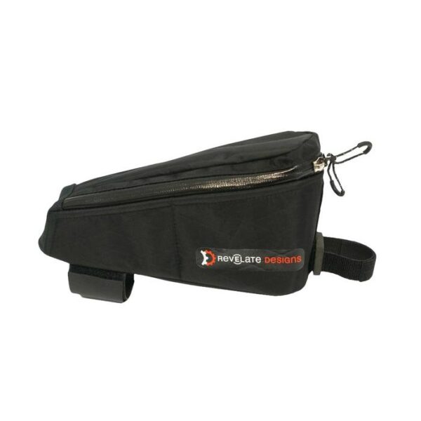 A Revelate Gas Tank bikepacking toptube bag is shown with double zipper opening and velcro attachment.
