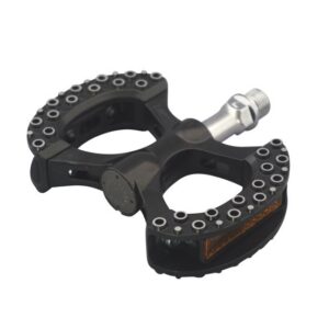 An MKS Lambda Pedal is shown in a black finish with an unusual double C shape stepping area & little octopus-like cups providing grip on the pedal surface