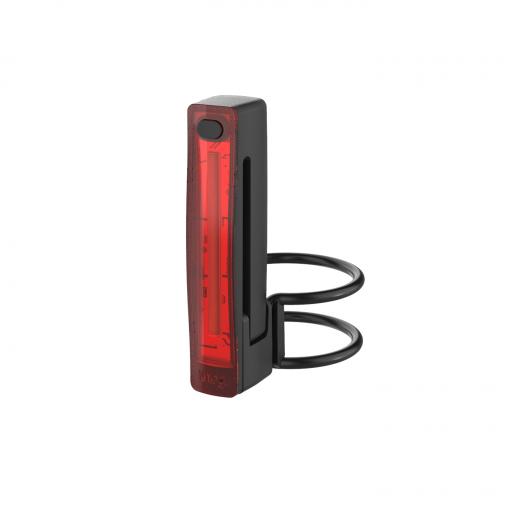 A Knog Plus Rear bike light is shown with red illumination panel & two different sized rubber mounting straps