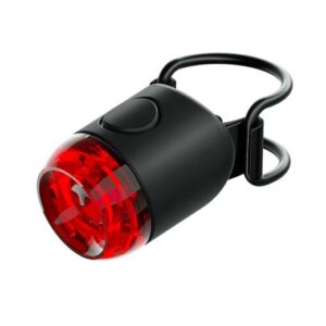 A Knog Plug Rear bicycle light is shown with its red illumination panel & rubber seat post strap