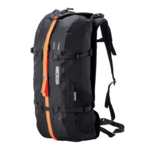 an Ortlieb Atrack BP is shown in a black Cordura fabric with orange strapping down the middle