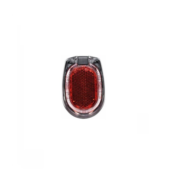A B+M Secula Plus - Mudguard rear dynamo light for mounting on a mudguard or fender is shown with a rund red reflector inside a white reflector