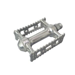 An MKS Sylvan Stream Pedal is shown in silver finish with cage plates with minimal teeth but holes for fitting toe clips