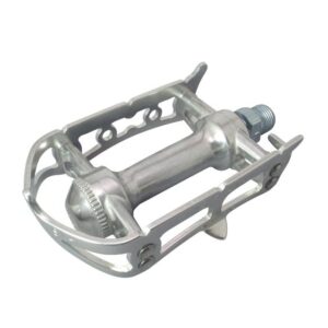 An MKS Sylvan Road Pedal is shown in silver finish with a curved cage plate around the end of the axle & a flat platform area