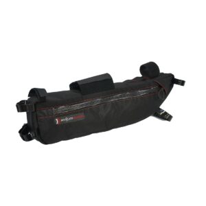 A Revelate Tangle Frame Bag is shown in a black rip-stop type water resistant fabric with Velcro straps for attaching inside the main triangle of a bike frame