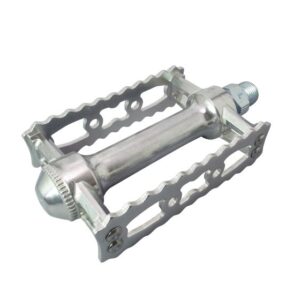 An MKS Sylvan Touring Pedal is shown in a silver finish, with grippy cage plates & a smooth rounded spindle end