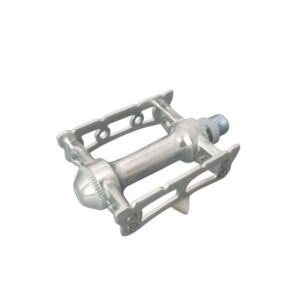 An MKS Sylvan Track Pedal is shown in a silver finish with a simple & flat platform with cage plates designed for toe clips