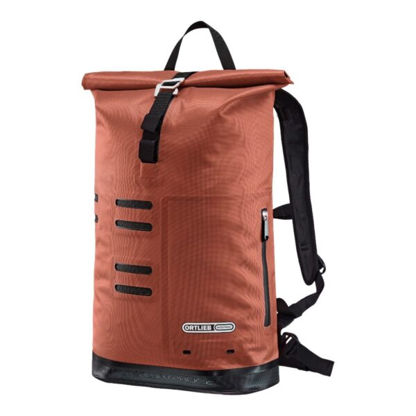 An Ortlieb Commuter Daypack City waterproof backpack is shown in a Rooibos red fabric with a black base & shoulder straps