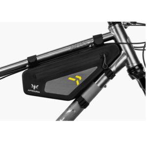 An Apidura Backcountry Frame Pack 2L is shown in a black & grey waterproof laminate material, mounted inside the man triangle of a bicycle frame