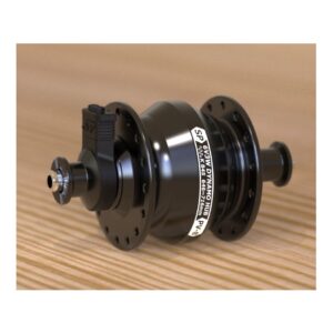 A SP Dynamo Hub PV-8 32H is shown in polished black finish, resting on a wooden surface