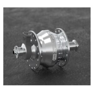 A Polished chrome SP Dynamo Hub SV-8 from Shutter Precision is shown resting on a grey surface