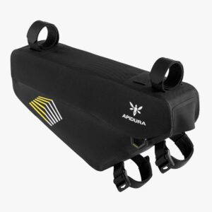 an Apidura Racing Frame pack bicycle frame bag is shown in a black waterproof fabric with the Velcro attachment straps visible
